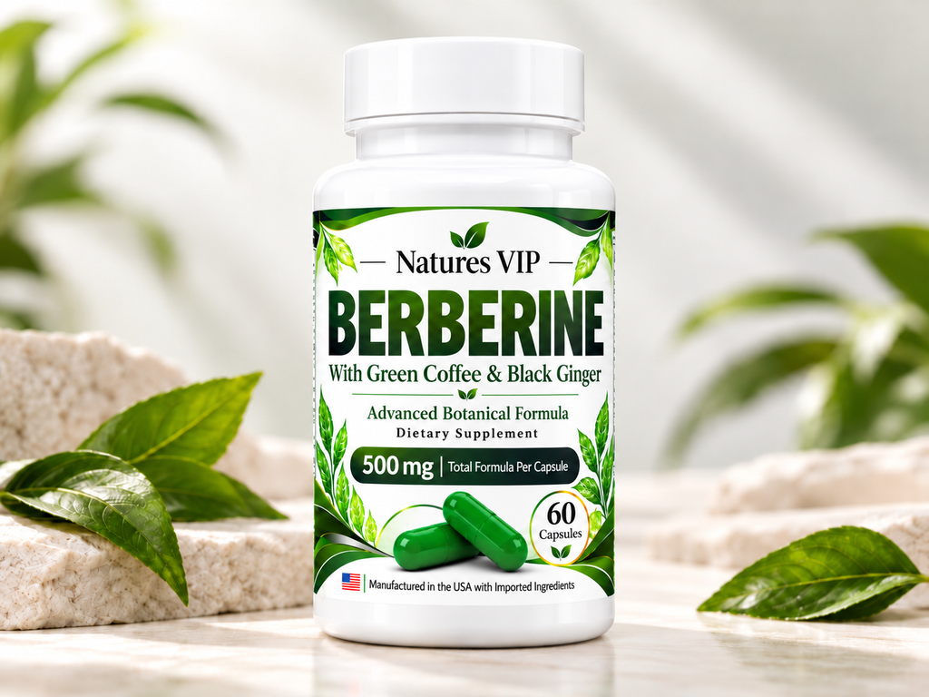 BERBERINE عبوة بيربرين فاخرة وسط أوراق خضراء